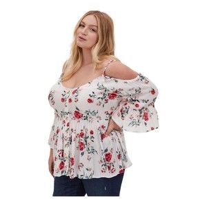 Torrid Size 2 NWT Blouse White Red Floral Cold Shoulder